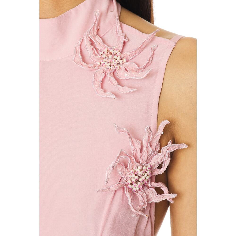 La Fuori 3D Floral Applique Ostrich Feather Pink Silk Backless Dress NWT $780 S - Picture 7 of 8